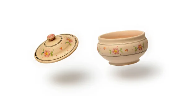 Cuenco de sopa de cerámica y tapa flotando en el aire - fondo blanco —  Fotos de Stock