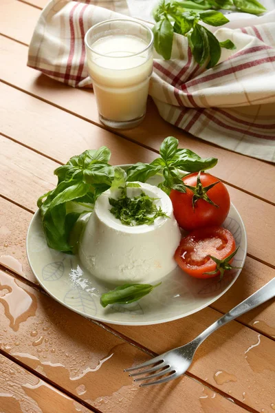 Ricotta cheese with basil and tomatoes - traditional Italian dai — Stock Photo, Image