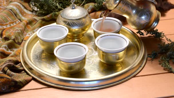Pour Turkish Tea Ceramic Cups Closeup — Stock Video