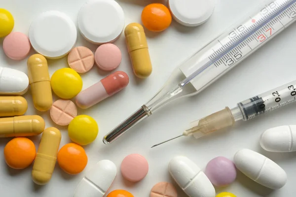 Pile Generic Drugs White Table Closeup — Stock Photo, Image