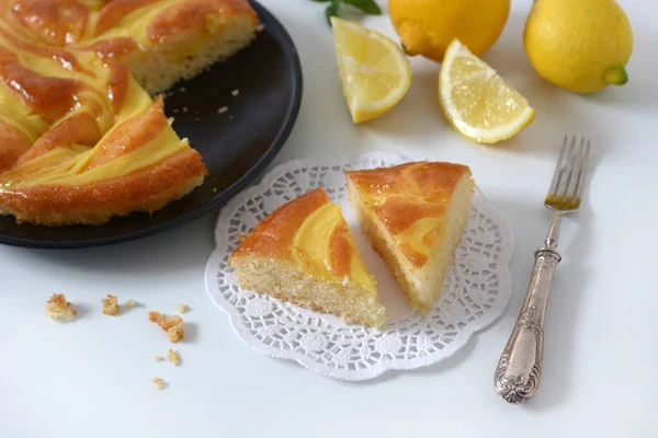 Portion Lemon Pie White Table Closeup — Stock Photo, Image