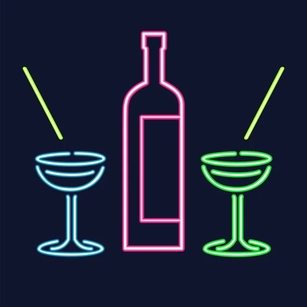 Neon cocktail glazen en fles. — Stockvector