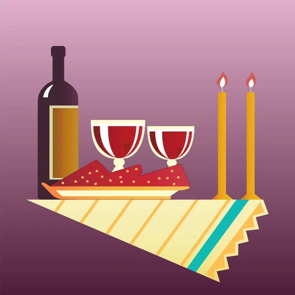 Стол на двоих с тканью, бокалами, бутылкой вина . — стоковый вектор