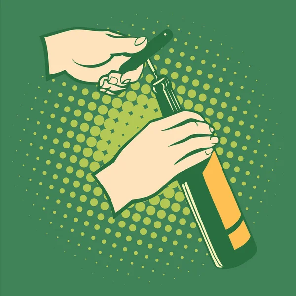 Öppnare flaskor, hand håller corkscrew. — Stock vektor