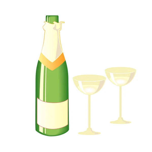 Two glasses of champagne and bottle. — Stock Vector