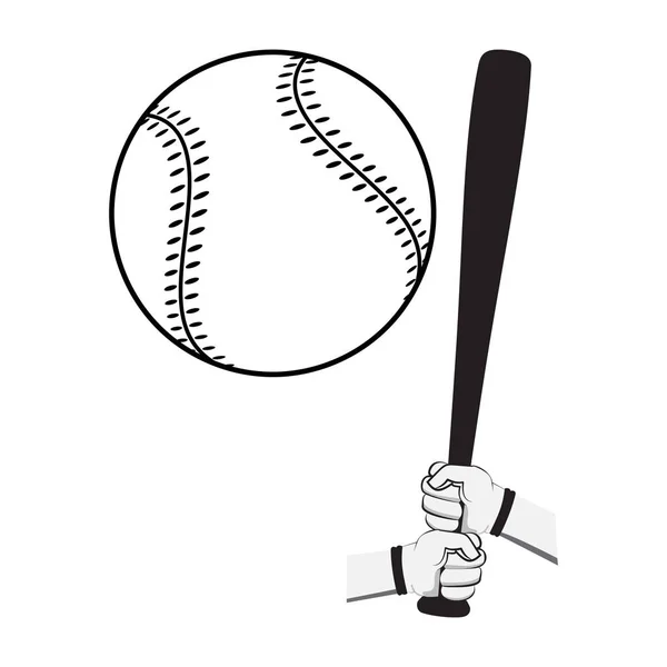 Manos sosteniendo bate de béisbol y pelota grande . — Vector de stock