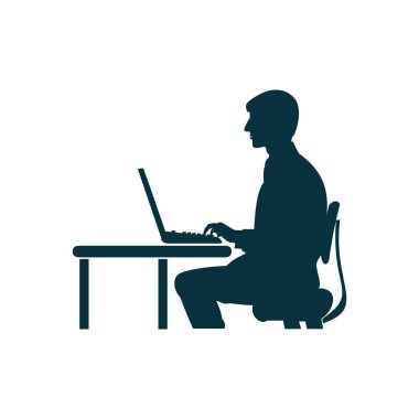 beyaz zemin üzerinde bir bilgisayar başında oturan bir adamın siluet vektör.