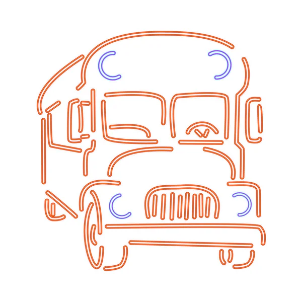 Doodle Hand Drawn School Bus Form Luminous Neon Lines White — Stock Vector