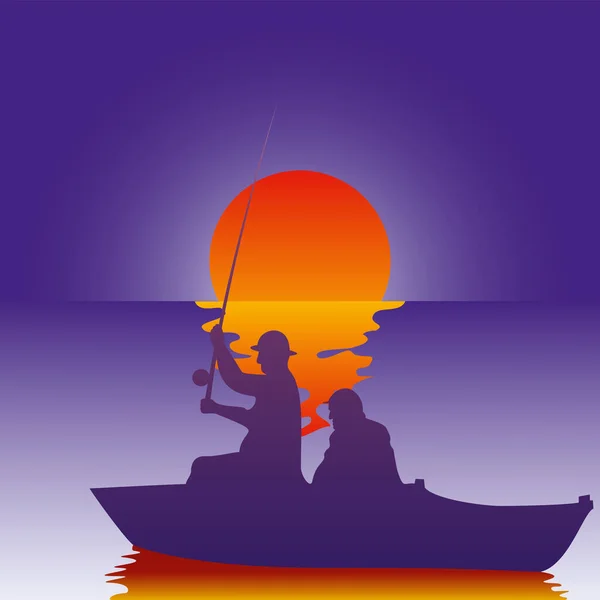 Vector Illustration Background Fisherman Boat Fishes Sunset Fishing Sunrise — Stock Vector