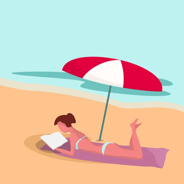 Woman Beach Umbrella Reads Book Summer Ocean Vector — Stock Vector