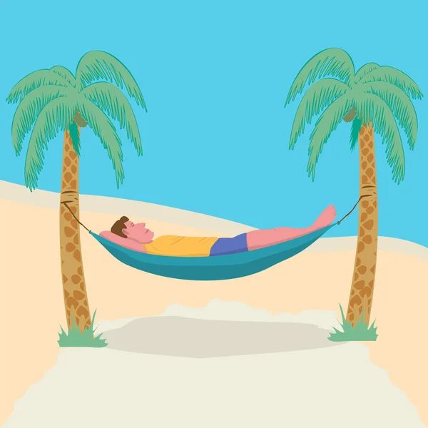 Man Lying Hammock Attached Palm Trees Lazy Vacation Downshifting Freelance — Stock Vector