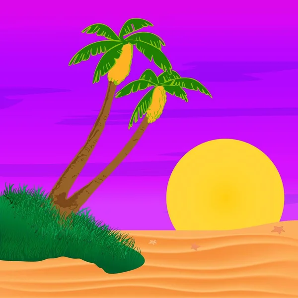 Вечер Пляже Пальмами Красочная Картина Отдыха Лиловые Пальмы Сиреневый Закат — стоковый вектор