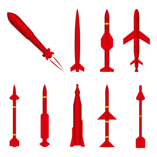 白い背景の異なる形態と赤の色に軍用ミサイルのセットそれは強力で恐ろしい武器です 巡航ミサイルと弾道ミサイルの概念はロケット武装です — ストックベクタ