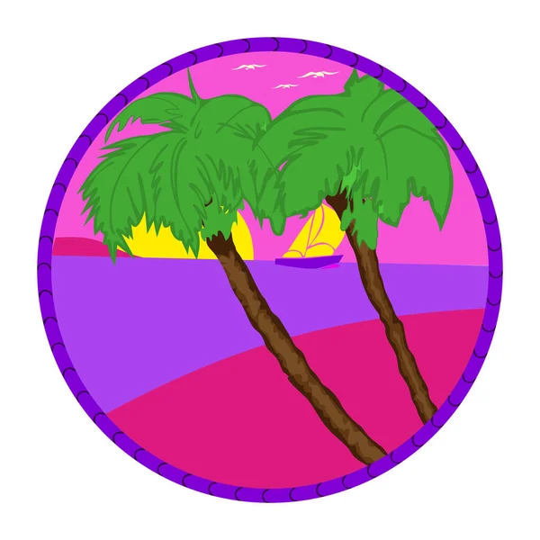 Evening on the beach with palm trees. Colorful picture for rest. Lilac palm trees, bright big sun and lilac sunset in the sky. — Stock Vector