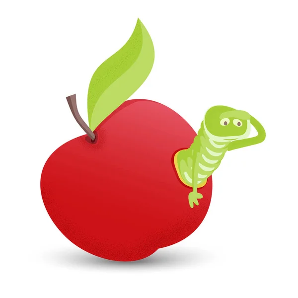 Red apple with green leaves and cartoon worm, isolated on white background. — Stock Vector