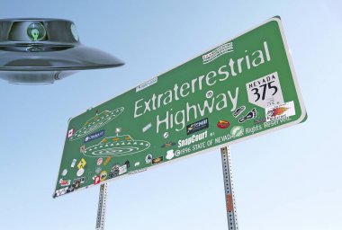Extraterrestrial Highway road sign in Nevada, USA, and a flying saucer! clipart
