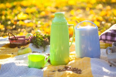  Termos ve bir halının üzerinde duran kupalar