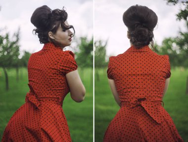 Bir desen siyah bezelye ile kırmızı retro elbiseli esmer kız