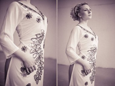 nakış ve dreadlocks ile etnik bir elbiseli bir kız siyah-beyaz fotoğraflar