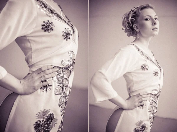 Чорно-білі фотографії дівчини в етнічній сукні з вишивкою і дредлоками — стокове фото