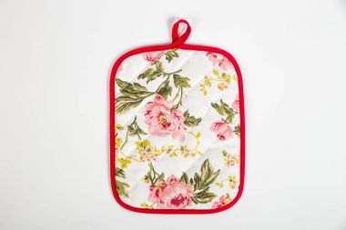 potholder beyaz çiçekler ve kırmızı kenarlıklı sıcak yemekler için
