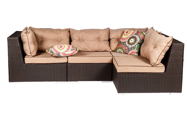 Wicker Sofa Linen Cushions Sand Color — Stock Photo, Image