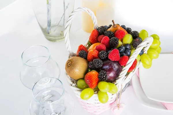 Still Life Basket Fruits Berries Coffee Cups Candles — Stock Photo, Image