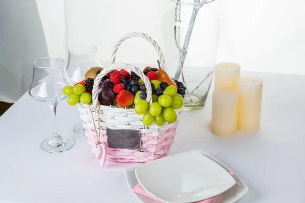 Still Life Basket Fruits Berries Coffee Cups Candles — Stock Photo, Image