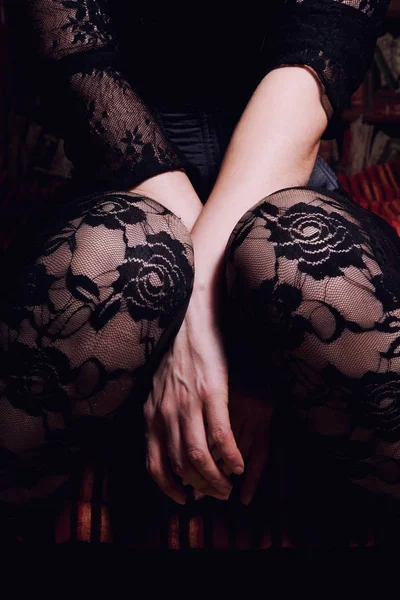 Female Knees Black Stockings Mesh — Stock Photo, Image