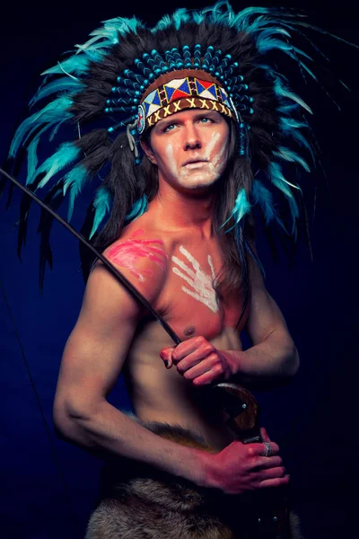 Young Man Headdress Indians Blue Feathers Bow His Hands Stock Photo