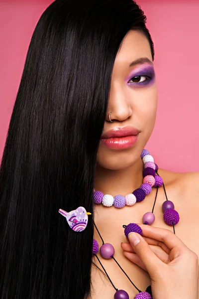 Asian Long Black Hair Lingerie Purple Beads — Stock Photo, Image