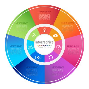 Infographic tasarım öğeleri 7 seçenekleri, parçalar, adımları veya işlemler, vektör çizim ile işiniz için.