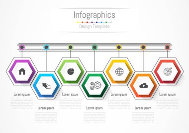 Infographic tasarım öğeleri 7 seçenekleri, parçalar, adımları veya işlemler, vektör çizim ile işiniz için.