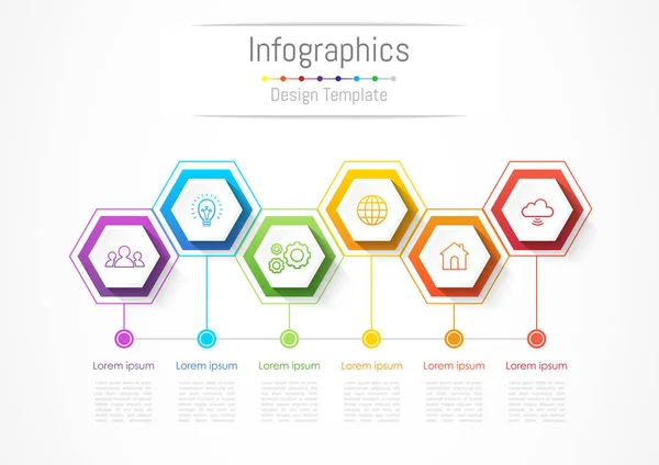 Infografische Gestaltungselemente für Ihr Unternehmen mit 6 Optionen, Teilen, Schritten oder Prozessen, Vektorillustration. — Stockvektor