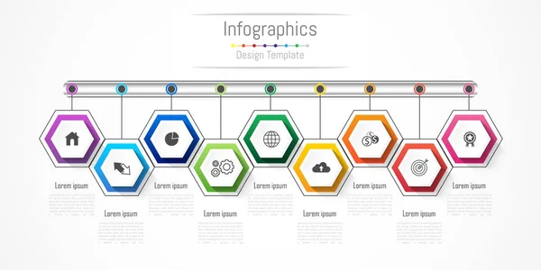 Infografische Gestaltungselemente für Ihr Unternehmen mit 9 Optionen, Teilen, Schritten oder Prozessen, Vektorillustration. — Stockvektor