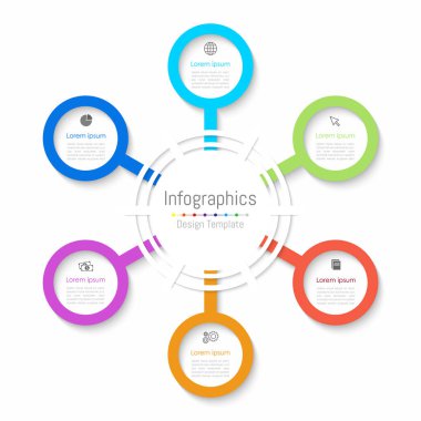 Infographic tasarım öğeleri iş verilerinizi 6 seçenekleri, parçalar, adımları, zaman çizelgeleri veya işlemler ile için. Kağıt tarzı, vektör çizim.