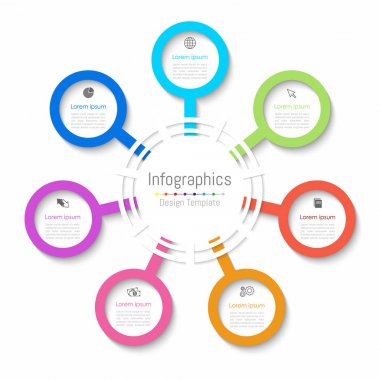 Infographic tasarım öğeleri iş verilerinizi 7 seçenekleri, parçalar, adımları, zaman çizelgeleri veya işlemleri ile için. Kağıt tarzı, vektör çizim.