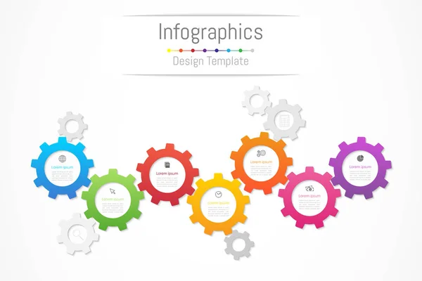 Éléments de conception d'infographie pour vos données d'entreprise avec 7 options, pièces, étapes, calendriers ou processus. Concept de roue dentée, Illustration vectorielle . — Image vectorielle