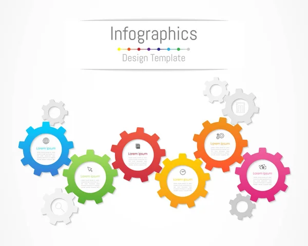 Infographic στοιχεία σχεδιασμού για τα επαγγελματικά δεδομένα με 6 επιλογές, τμήματα, βήματα, χρονοδιαγράμματα ή διαδικασίες. Γρανάζι έννοια, εικονογράφηση διάνυσμα. — Διανυσματικό Αρχείο
