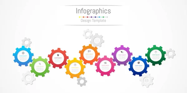 Infografische Gestaltungselemente für Ihre Geschäftsdaten mit 9 Optionen, Teilen, Schritten, Timelines oder Prozessen. Zahnradkonzept, Vektorabbildung. — Stockvektor