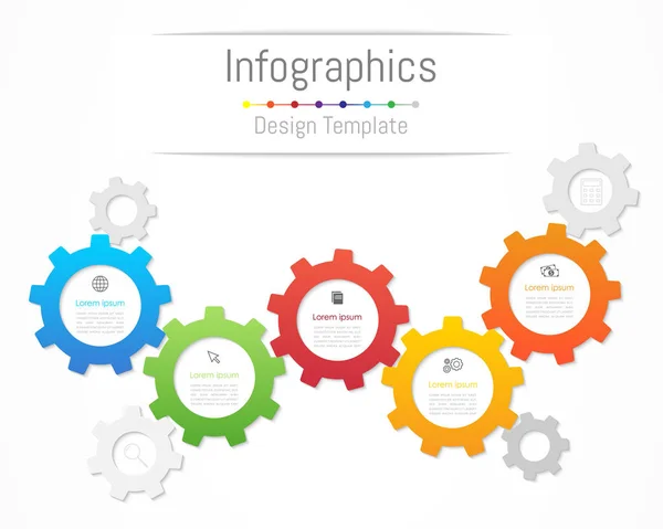 Infographic tasarım öğeleri iş verilerinizi 5 seçenekleri, parçalar, adımları, zaman çizelgeleri veya işlemler ile için. Dişli çark kavramı, vektör çizim. — Stok Vektör