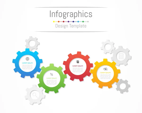 Infographic στοιχεία σχεδιασμού για τα επαγγελματικά δεδομένα με 4 επιλογές, τμήματα, βήματα, χρονοδιαγράμματα ή διαδικασίες. Γρανάζι έννοια, εικονογράφηση διάνυσμα. — Διανυσματικό Αρχείο