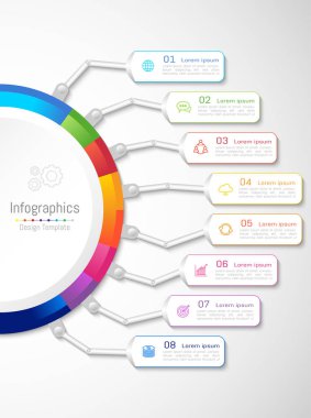 Infographic tasarım öğeleri 8 seçenekleri, parçalar, adımları veya işlemler, vektör çizim ile işiniz için.
