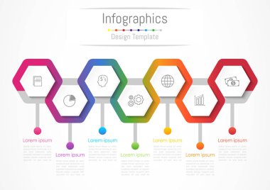 Infographic tasarım öğeleri 7 seçenekleri, parçalar, adımları veya işlemler, vektör çizim ile işiniz için.