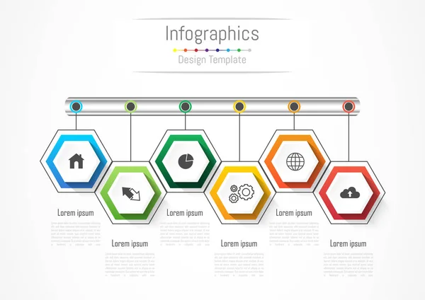 Infografikai tervezési elemek vállalkozása számára 6 opcióval, alkatrészekkel, lépésekkel vagy folyamatokkal, Vektorillusztráció. — Stock Vector