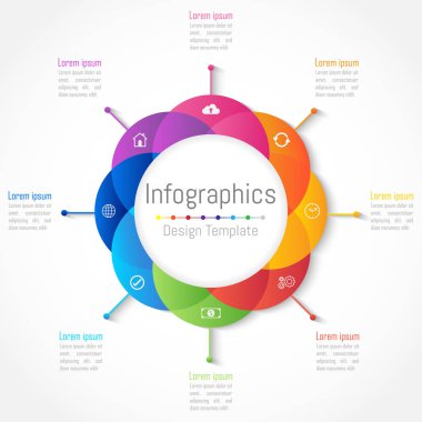 Infographic tasarım öğeleri 8 seçenekleri, parçalar, adımları veya işlemler, vektör çizim ile işiniz için.