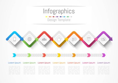 Infographic tasarım öğeleri 7 seçenekleri, parçalar, adımları veya işlemler, vektör çizim ile işiniz için.