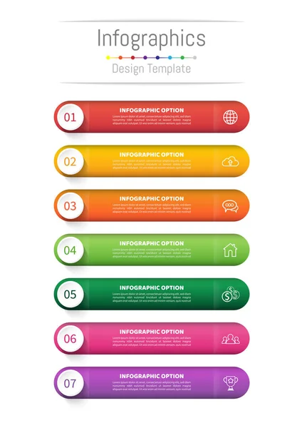 Infographic tasarım öğeleri 7 seçenekleri, parçalar, adımları veya işlemler, vektör çizim ile işiniz için.