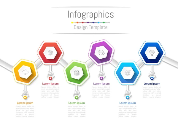 Elementos de design infográfico para o seu negócio com 6 opções, peças, passos ou processos, ilustração vetorial. — Vetor de Stock