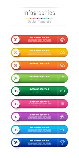 Infografische Gestaltungselemente für Ihr Unternehmen mit 9 Optionen, Teilen, Schritten oder Prozessen, Vektorillustration. — Stockvektor